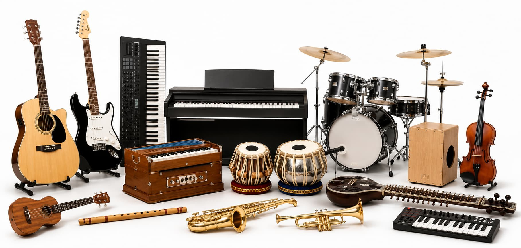 Different types of instruments of music including guitar, keyboard, drums, violin, flute, tabla and piano for beginners