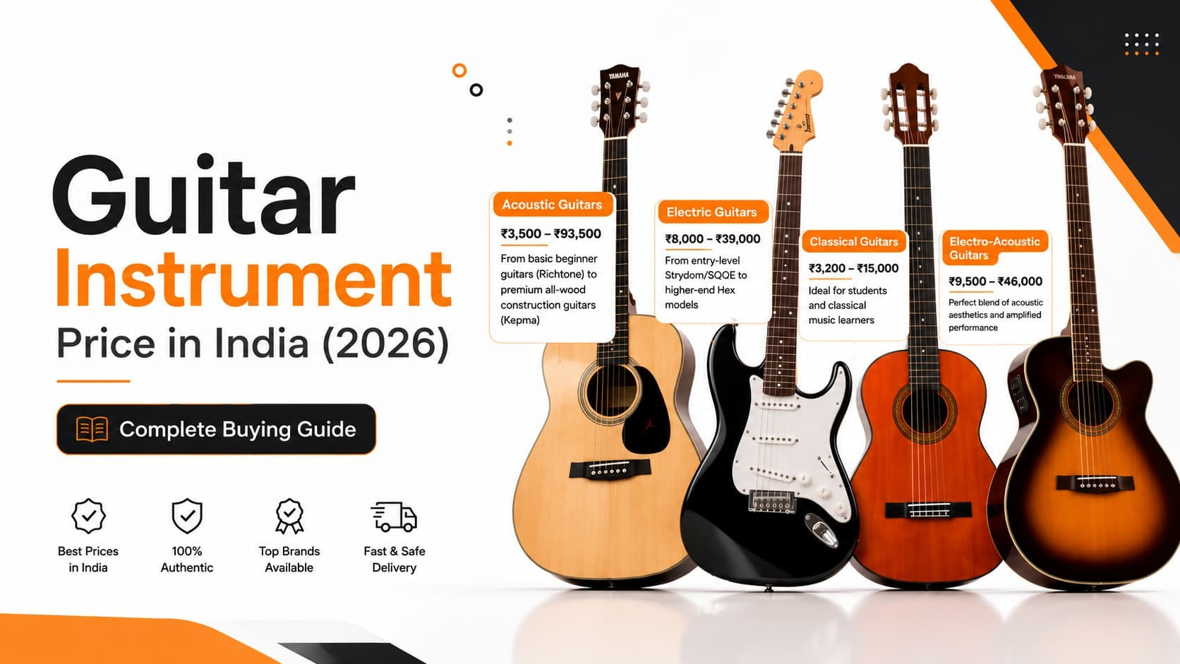 Guitar instrument price in India showing acoustic, electric, classical and electro-acoustic guitars with price ranges.