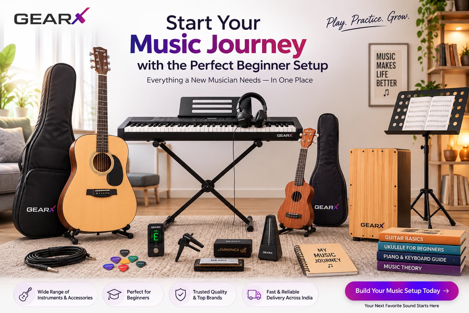 Essential beginner music gear and accessories for learning your first musical instrument.